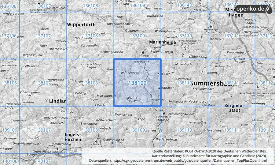 Übersichtskarte des KOSTRA-DWD-2020-Rasterfeldes Nr. 138109