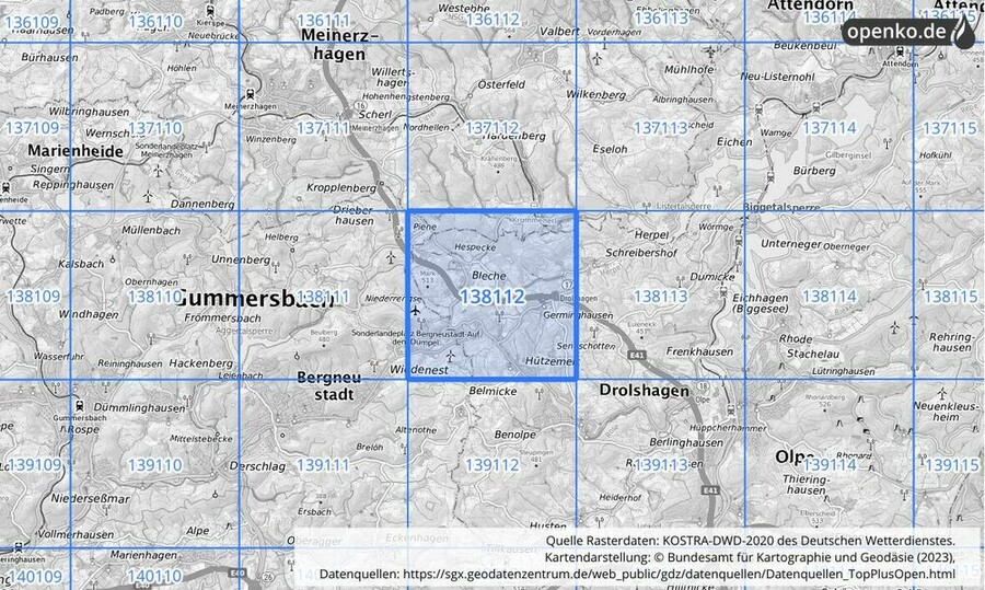 Übersichtskarte des KOSTRA-DWD-2020-Rasterfeldes Nr. 138112