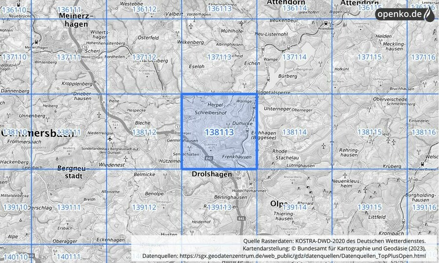 Übersichtskarte des KOSTRA-DWD-2020-Rasterfeldes Nr. 138113