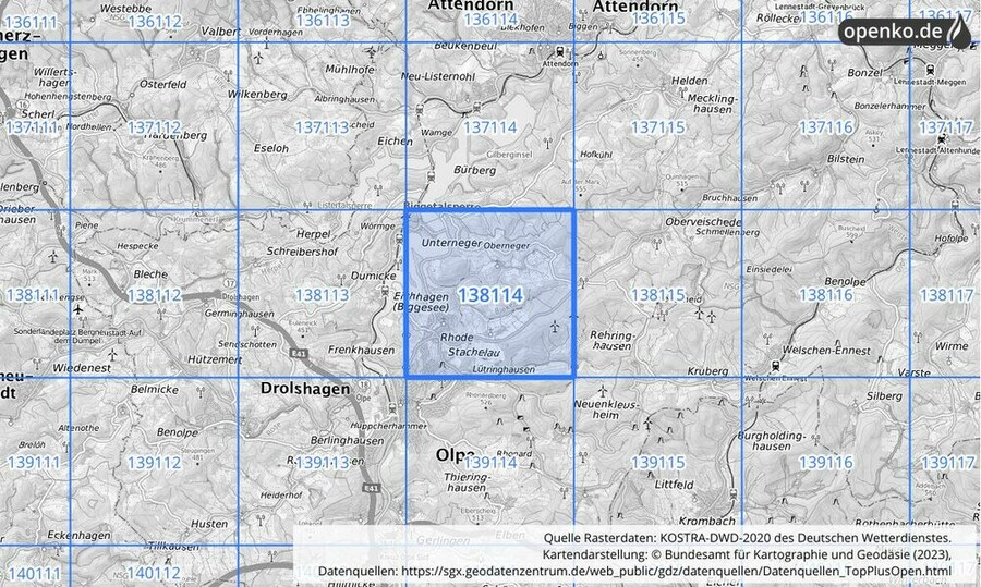 Übersichtskarte des KOSTRA-DWD-2020-Rasterfeldes Nr. 138114