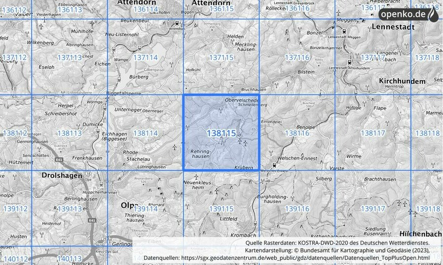 Übersichtskarte des KOSTRA-DWD-2020-Rasterfeldes Nr. 138115