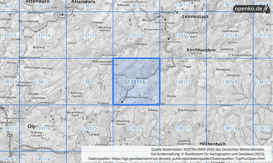 Übersichtskarte des KOSTRA-DWD-2020-Rasterfeldes Nr. 138116