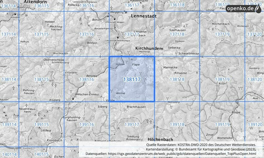 Übersichtskarte des KOSTRA-DWD-2020-Rasterfeldes Nr. 138117