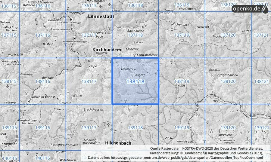 Übersichtskarte des KOSTRA-DWD-2020-Rasterfeldes Nr. 138118