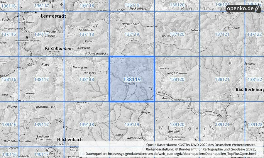 Übersichtskarte des KOSTRA-DWD-2020-Rasterfeldes Nr. 138119