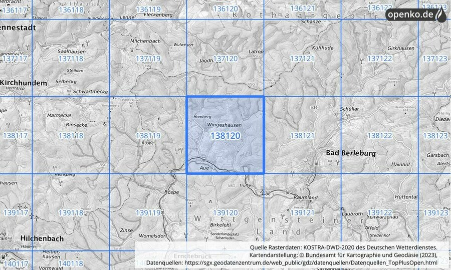 Übersichtskarte des KOSTRA-DWD-2020-Rasterfeldes Nr. 138120