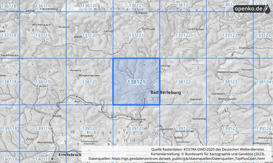 Übersichtskarte des KOSTRA-DWD-2020-Rasterfeldes Nr. 138121