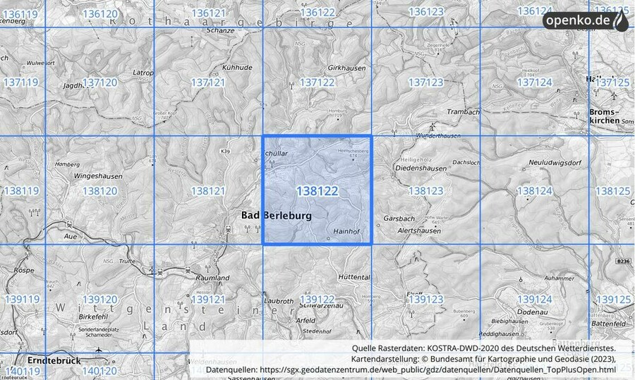 Übersichtskarte des KOSTRA-DWD-2020-Rasterfeldes Nr. 138122