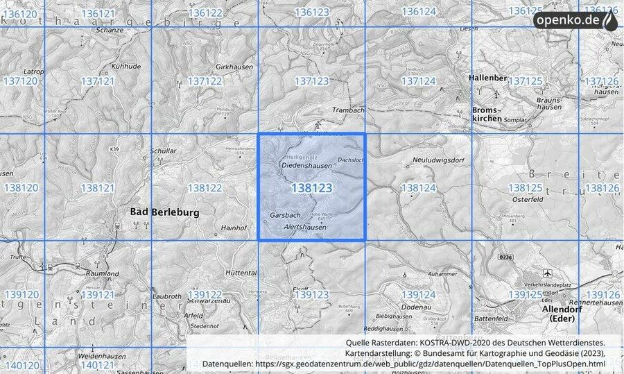 Übersichtskarte des KOSTRA-DWD-2020-Rasterfeldes Nr. 138123