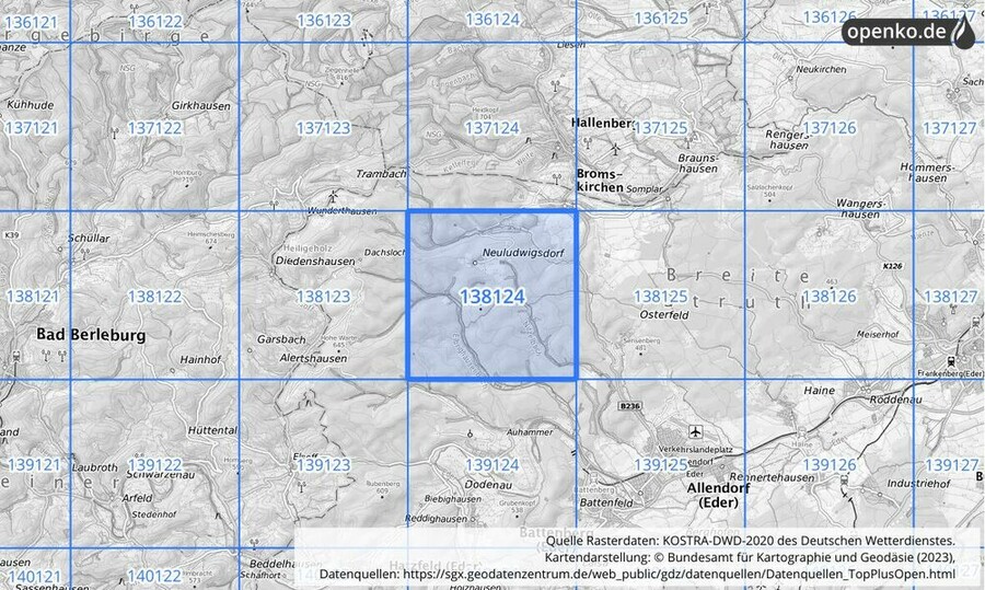 Übersichtskarte des KOSTRA-DWD-2020-Rasterfeldes Nr. 138124