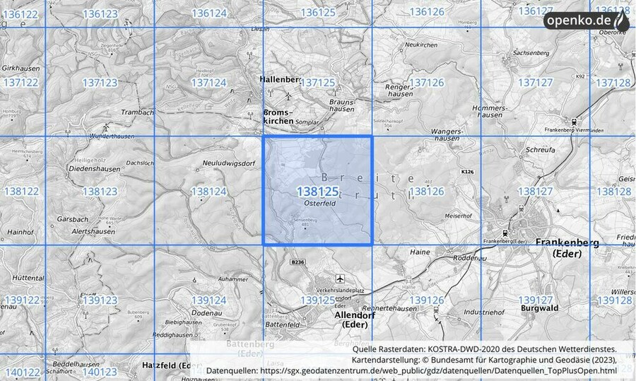 Übersichtskarte des KOSTRA-DWD-2020-Rasterfeldes Nr. 138125