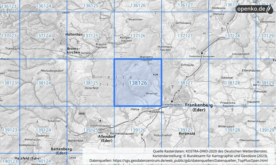 Übersichtskarte des KOSTRA-DWD-2020-Rasterfeldes Nr. 138126