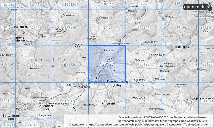 Übersichtskarte des KOSTRA-DWD-2020-Rasterfeldes Nr. 138127