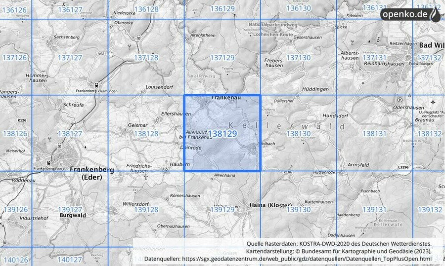 Übersichtskarte des KOSTRA-DWD-2020-Rasterfeldes Nr. 138129