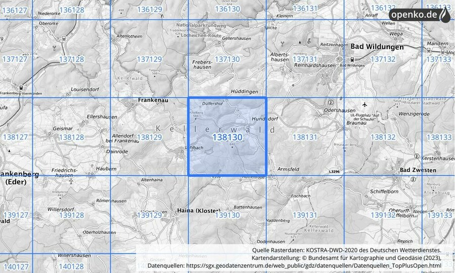 Übersichtskarte des KOSTRA-DWD-2020-Rasterfeldes Nr. 138130