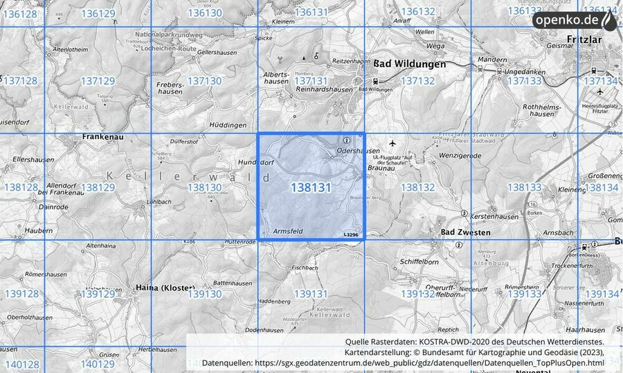 Übersichtskarte des KOSTRA-DWD-2020-Rasterfeldes Nr. 138131