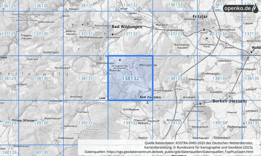 Übersichtskarte des KOSTRA-DWD-2020-Rasterfeldes Nr. 138132