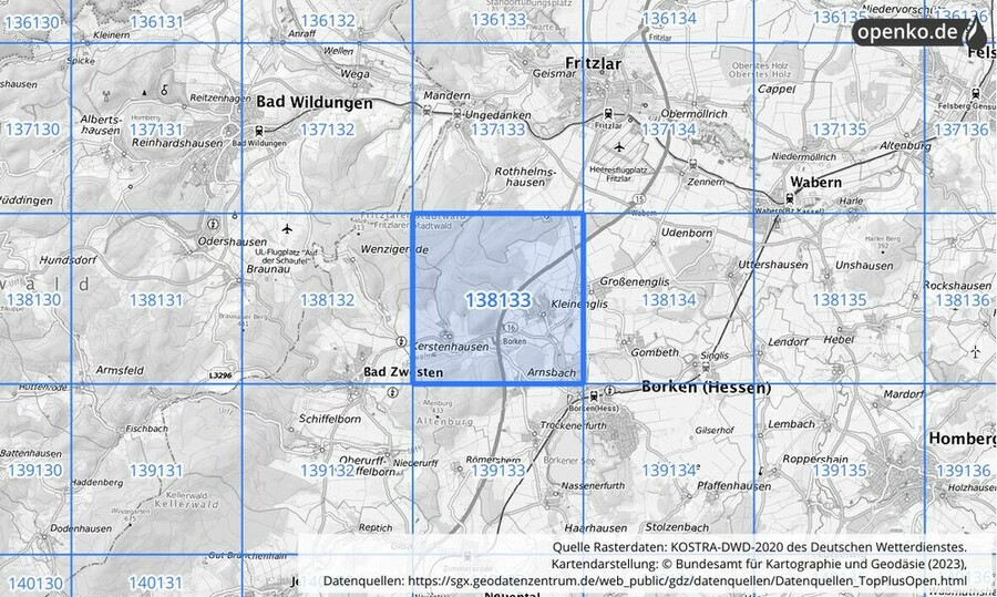 Übersichtskarte des KOSTRA-DWD-2020-Rasterfeldes Nr. 138133