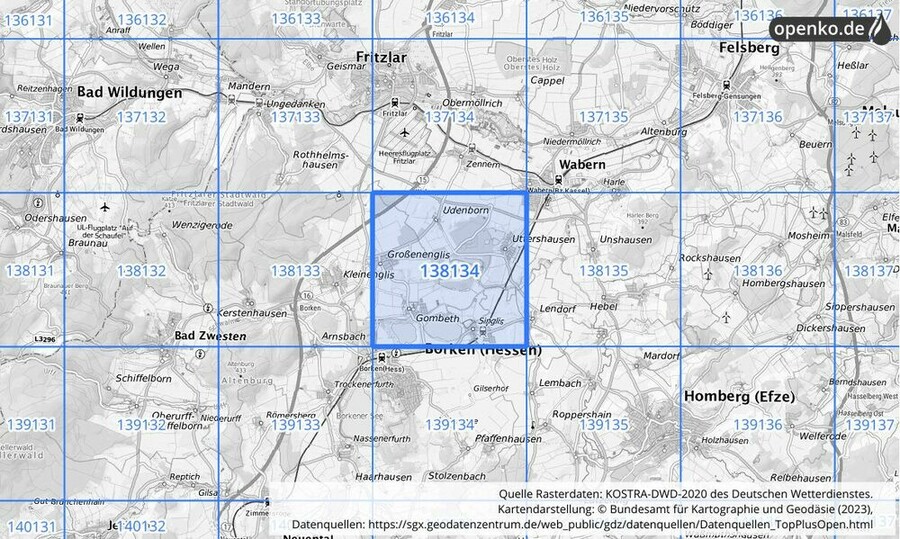 Übersichtskarte des KOSTRA-DWD-2020-Rasterfeldes Nr. 138134