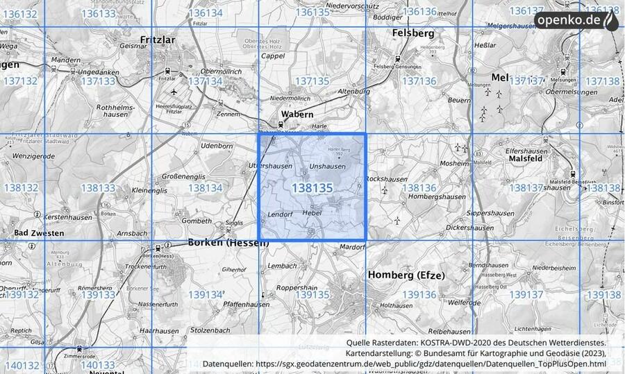 Übersichtskarte des KOSTRA-DWD-2020-Rasterfeldes Nr. 138135
