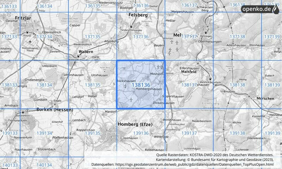 Übersichtskarte des KOSTRA-DWD-2020-Rasterfeldes Nr. 138136