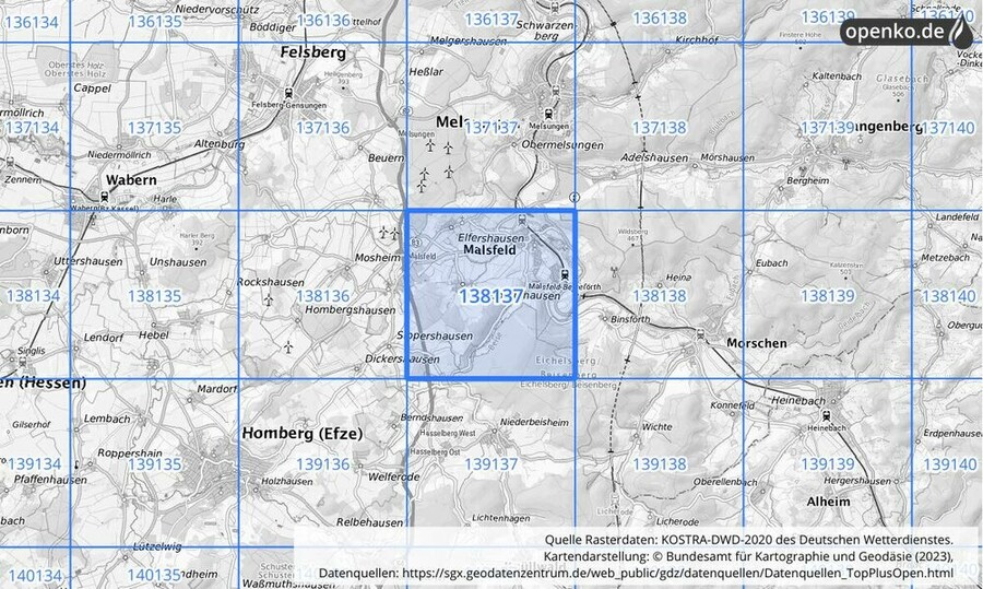 Übersichtskarte des KOSTRA-DWD-2020-Rasterfeldes Nr. 138137