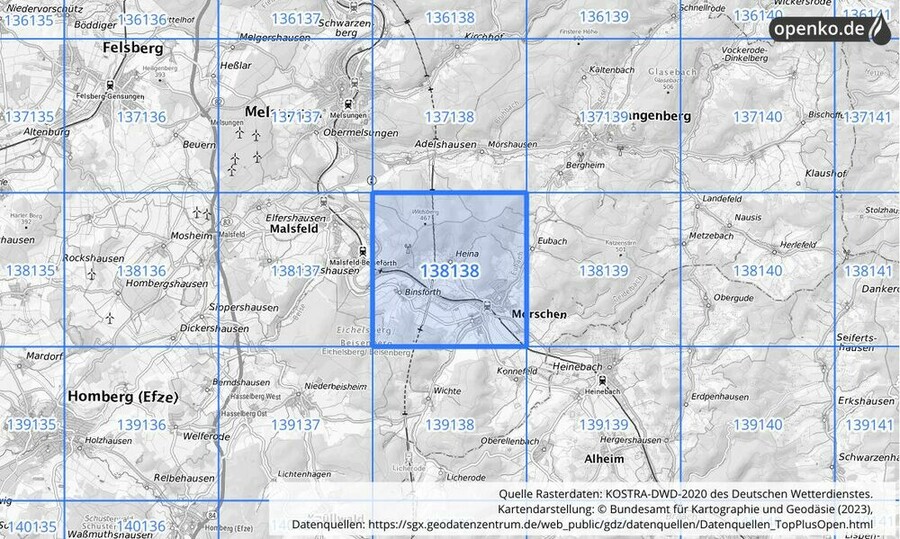 Übersichtskarte des KOSTRA-DWD-2020-Rasterfeldes Nr. 138138