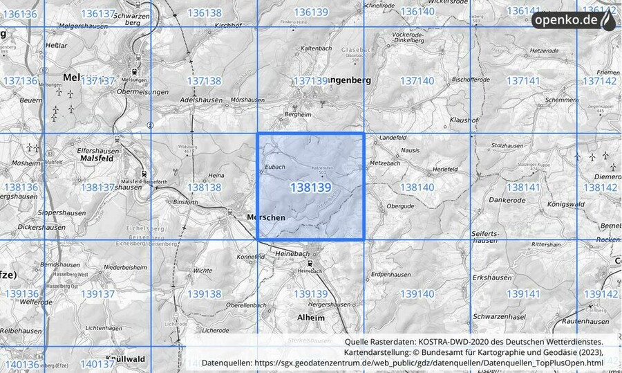 Übersichtskarte des KOSTRA-DWD-2020-Rasterfeldes Nr. 138139