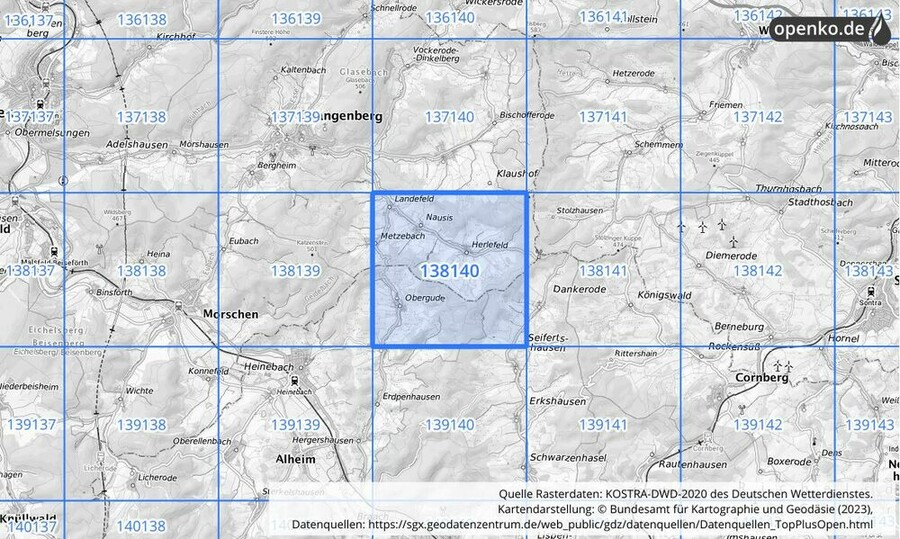 Übersichtskarte des KOSTRA-DWD-2020-Rasterfeldes Nr. 138140