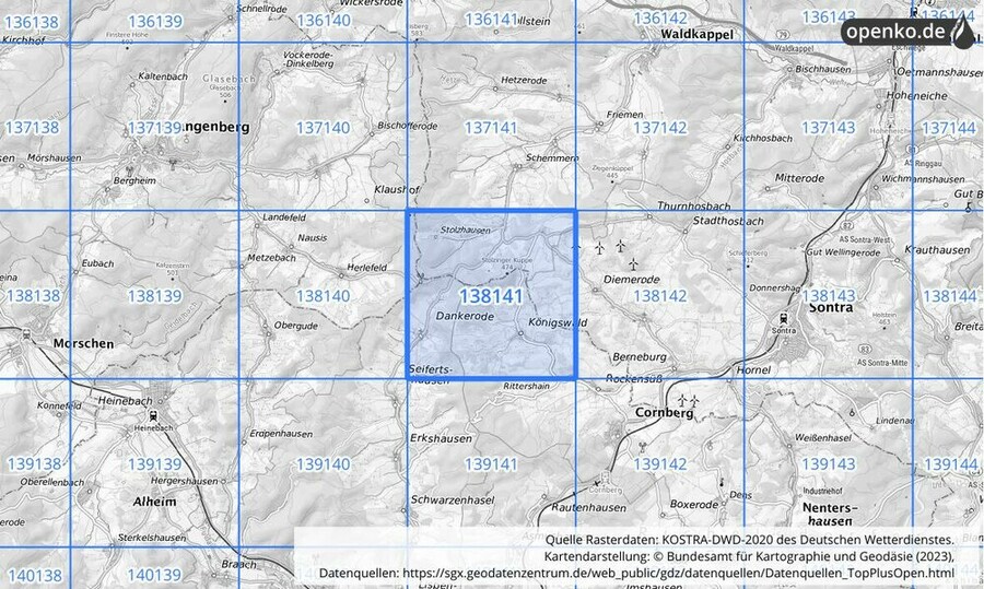 Übersichtskarte des KOSTRA-DWD-2020-Rasterfeldes Nr. 138141