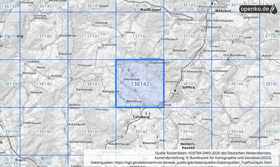 Übersichtskarte des KOSTRA-DWD-2020-Rasterfeldes Nr. 138142