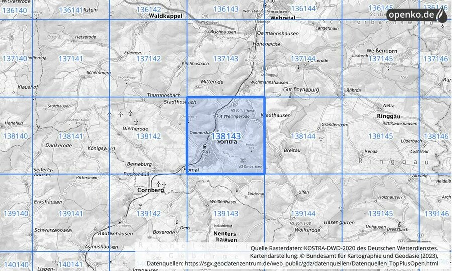 Übersichtskarte des KOSTRA-DWD-2020-Rasterfeldes Nr. 138143