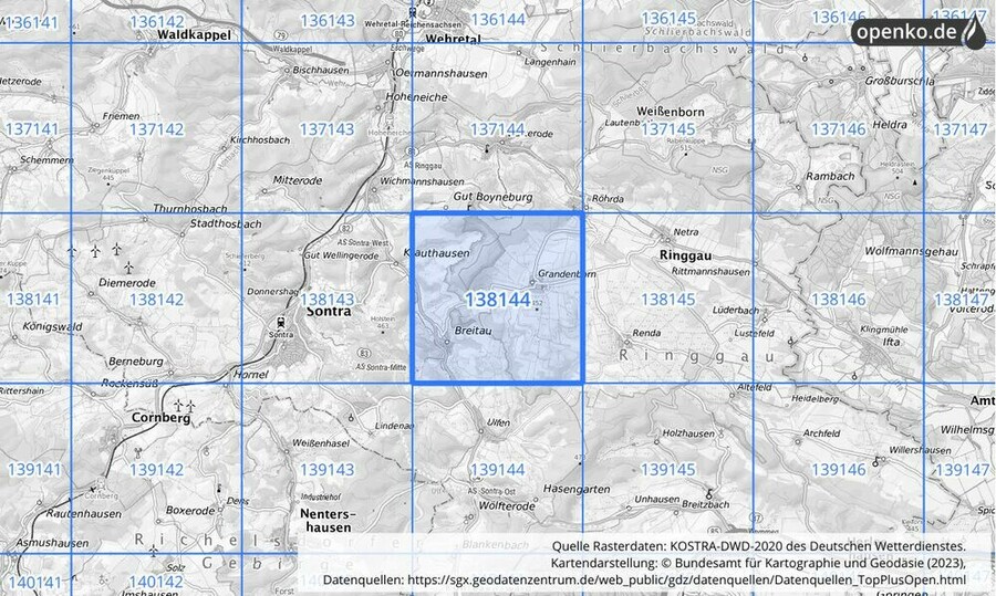 Übersichtskarte des KOSTRA-DWD-2020-Rasterfeldes Nr. 138144