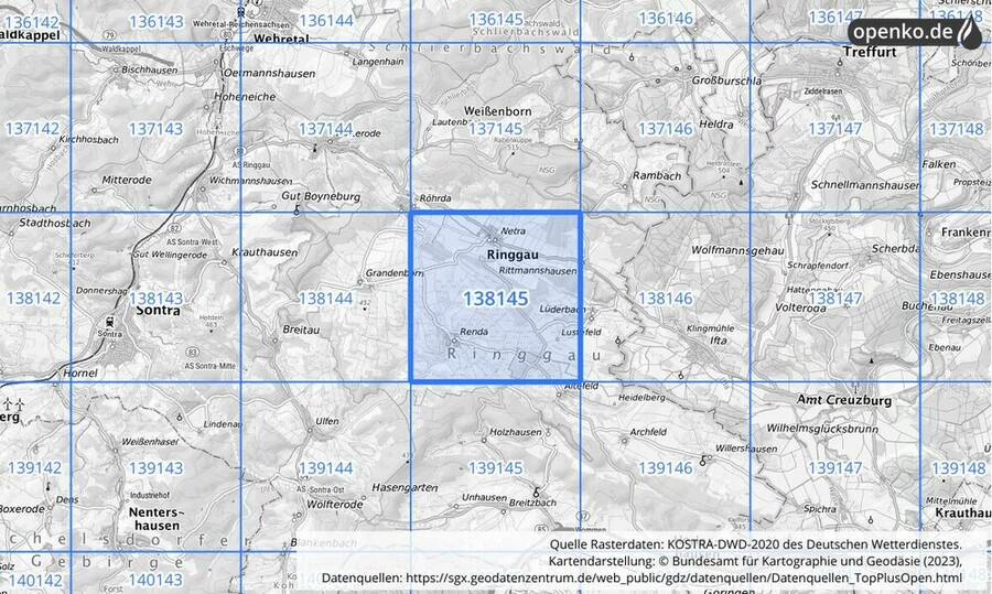 Übersichtskarte des KOSTRA-DWD-2020-Rasterfeldes Nr. 138145