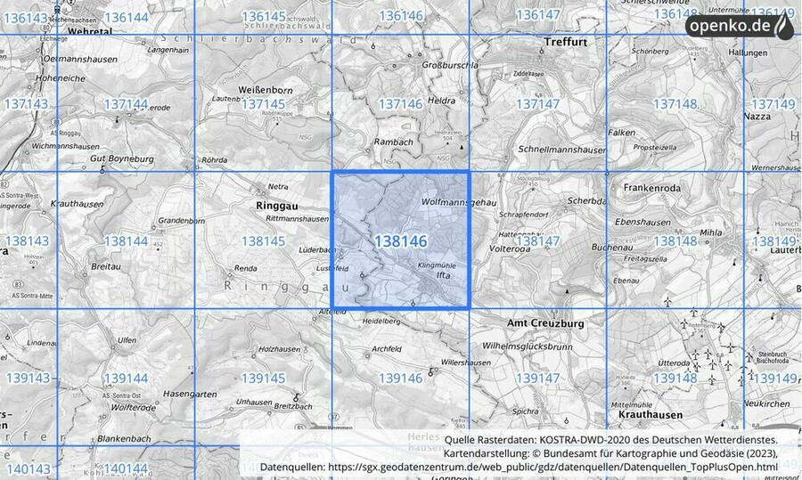 Übersichtskarte des KOSTRA-DWD-2020-Rasterfeldes Nr. 138146