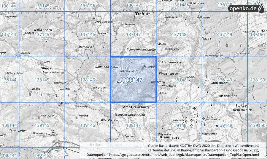 Übersichtskarte des KOSTRA-DWD-2020-Rasterfeldes Nr. 138147