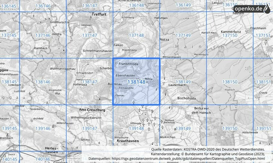 Übersichtskarte des KOSTRA-DWD-2020-Rasterfeldes Nr. 138148