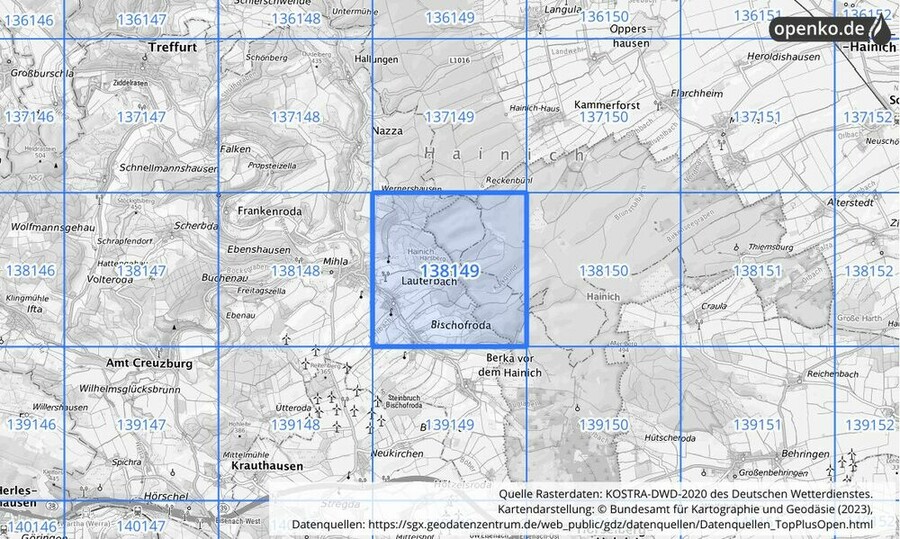 Übersichtskarte des KOSTRA-DWD-2020-Rasterfeldes Nr. 138149