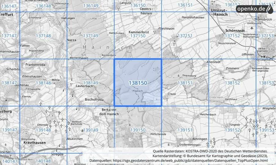 Übersichtskarte des KOSTRA-DWD-2020-Rasterfeldes Nr. 138150