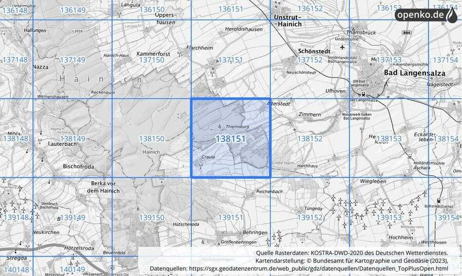 Übersichtskarte des KOSTRA-DWD-2020-Rasterfeldes Nr. 138151