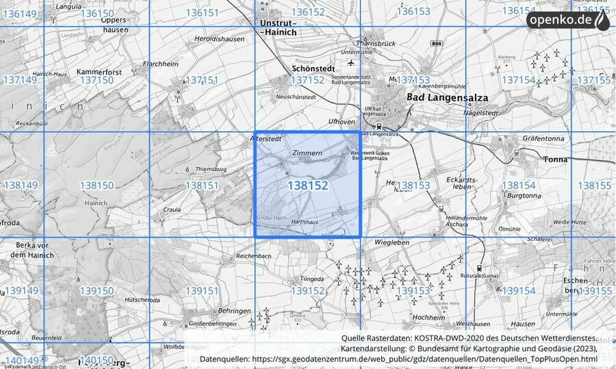 Übersichtskarte des KOSTRA-DWD-2020-Rasterfeldes Nr. 138152