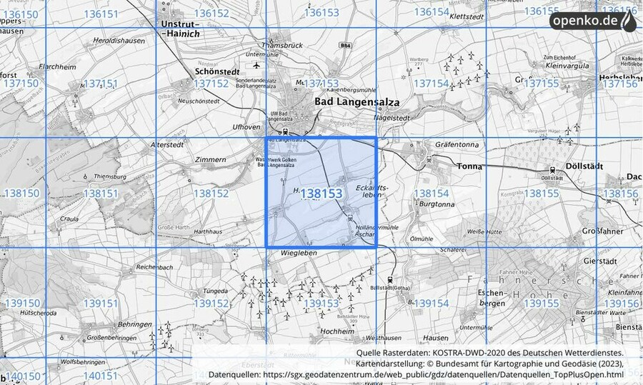 Übersichtskarte des KOSTRA-DWD-2020-Rasterfeldes Nr. 138153