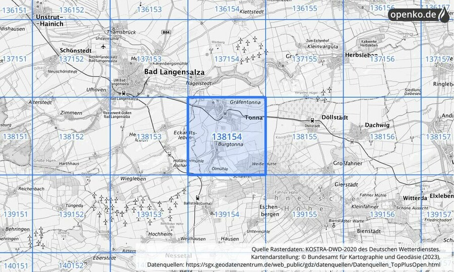 Übersichtskarte des KOSTRA-DWD-2020-Rasterfeldes Nr. 138154