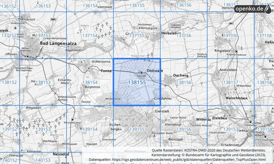 Übersichtskarte des KOSTRA-DWD-2020-Rasterfeldes Nr. 138155