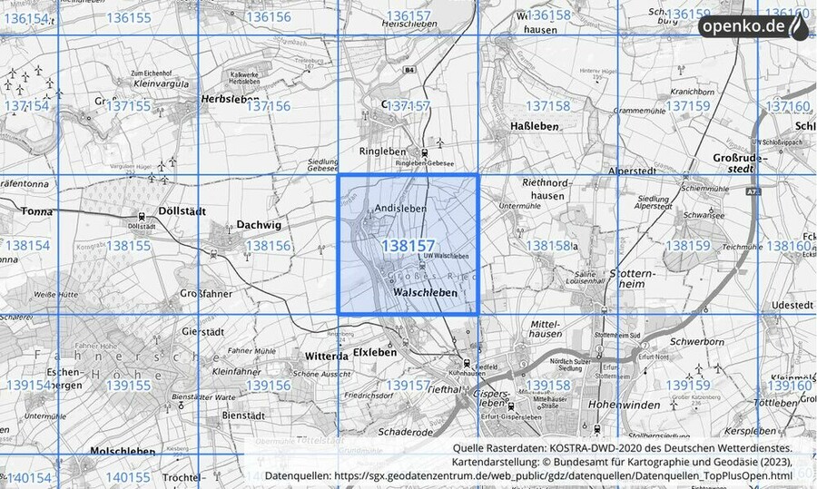Übersichtskarte des KOSTRA-DWD-2020-Rasterfeldes Nr. 138157
