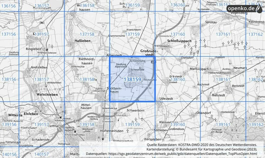 Übersichtskarte des KOSTRA-DWD-2020-Rasterfeldes Nr. 138159