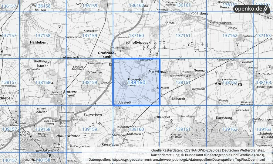 Übersichtskarte des KOSTRA-DWD-2020-Rasterfeldes Nr. 138160