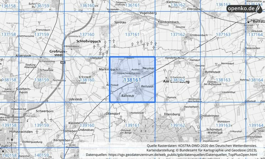 Übersichtskarte des KOSTRA-DWD-2020-Rasterfeldes Nr. 138161