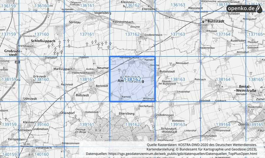 Übersichtskarte des KOSTRA-DWD-2020-Rasterfeldes Nr. 138162