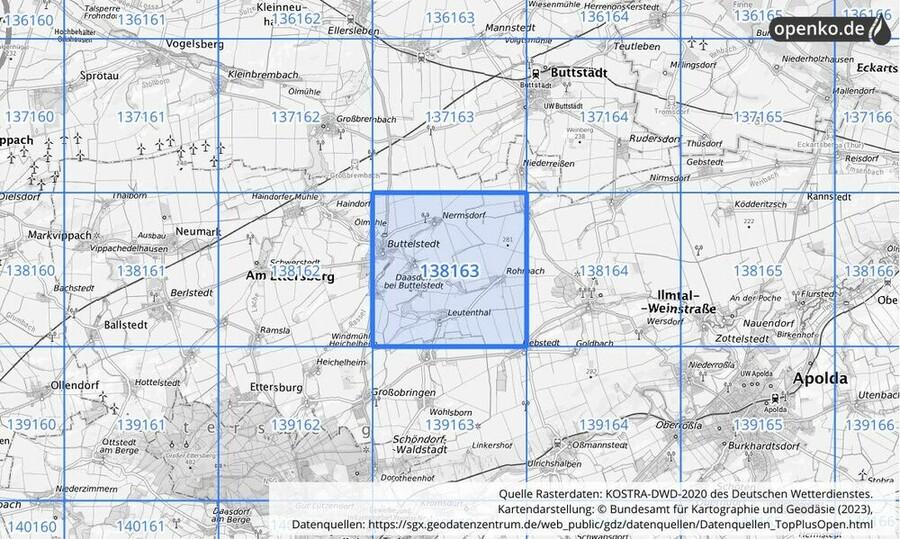 Übersichtskarte des KOSTRA-DWD-2020-Rasterfeldes Nr. 138163